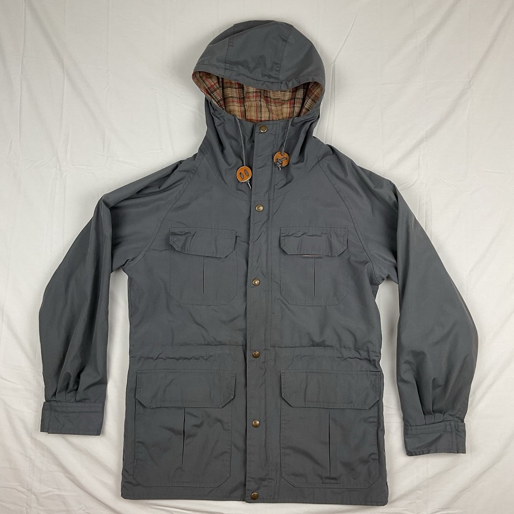 Vintage EMS Mountain Parka Mens Medium Gray Hooded Coat Plaid‎ Lined Outdoor
